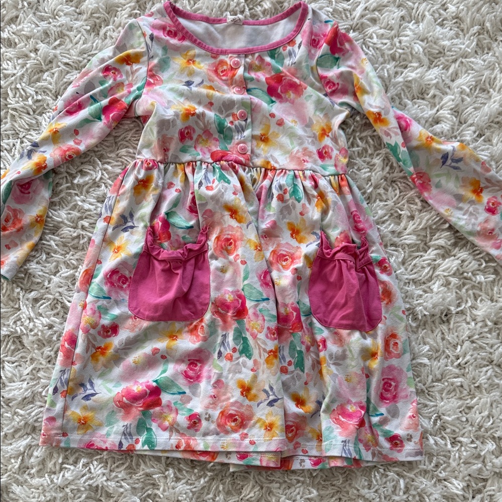 Girls Floral Pink Long-Sleeve Pocket Dress